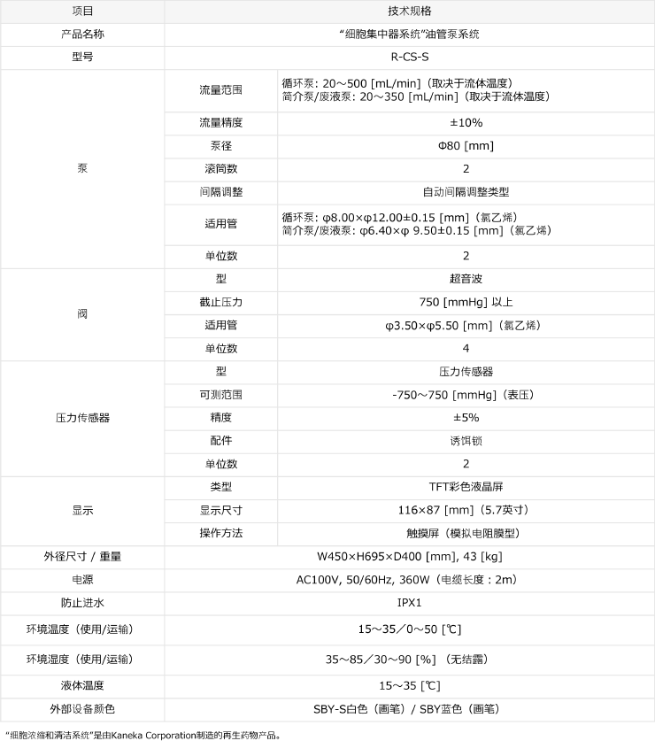 细胞浓缩器 技术规格